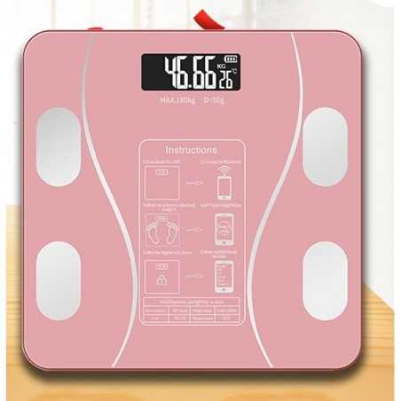 Cantar Electronic Inteligent De Baie Cu Aplicatie Smart, Ecran Iluminat, Termometru, Suporta Maxim 180 Kg, Baterii, Roz