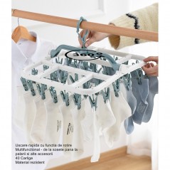 Uscator de Rufe Suspendat,40 Carlige, Rotire 360 Grade,Pliabil, Usor de Depozitat, Multifunctional, 36 x 24 cm, Alb/Albastru