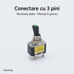 Intrerupator cu Maneta si LED Verde 12V 30A, ON/OFF, 3 Pini
