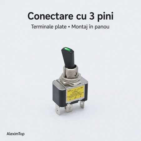 Intrerupator cu Maneta si LED Verde 12V 30A, ON/OFF, 3 Pini