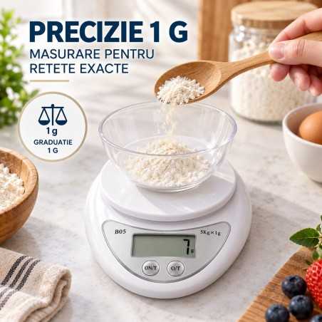 Cantar Electronic de Bucatarie, Capacitate Maxima 5 kg, Precizie 1 g, Display LCD Digital, 16.3x12.7x3.4 cm, Alb
