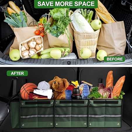 Organizator Auto pentru Portbagaj, Model Pliabil, din Panza, cu Geanta Termoizolanta Detasabila, Curele Ajustabile, Verde