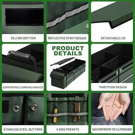 Organizator Auto pentru Portbagaj, Model Pliabil, din Panza, cu Geanta Termoizolanta Detasabila, Curele Ajustabile, Verde