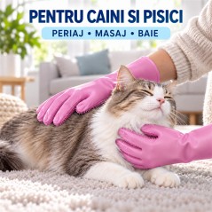 Set 2 Manusi pentru Ingrijirea Animalelor, Periaj, Masaj si Baie, Perii din Silicon, pentru Caini si Pisici, Roz
