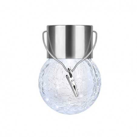 Lampa Solara , LED, Tip Candelabru Mic, Cu Bila Din Sticla Crapata, Exterioara, Impermeabila, Iluminare 6-12 H, Alb