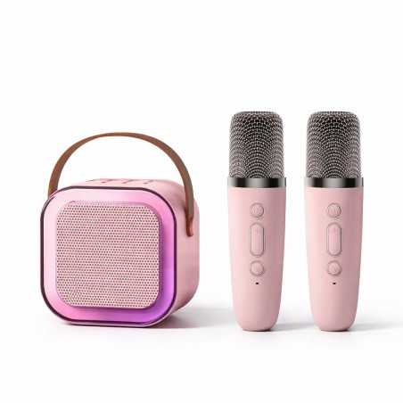 Boxa Portabila Karaoke, Bluetooth 5.3, 5-10W, Set 2 Microfoane Wireless, LED RGB, 4 Efecte Vocale, Type-C, 14 x 11 cm, Roz
