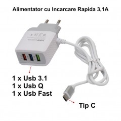 Incarcator Fast Tip C - Max 3,1A cu 3 x Usb 3.1 - Usb Q - Usb Fast