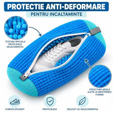 Sac pentru Spalat Incaltaminte, Protectie Anti-Deformare, Fermoar, Reutilizabil, pentru Masina de Spalat, 39x19 cm, Albastru