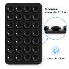 Suport pentru Telefon cu Ventuze, din Silicon, Dublu-Fata, 28 Ventuze, 8 x 6 cm, Negru