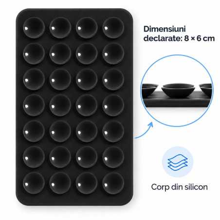 Suport pentru Telefon cu Ventuze, din Silicon, Dublu-Fata, 28 Ventuze, 8 x 6 cm, Negru