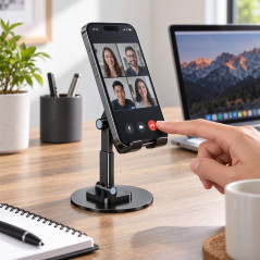 Suport de Birou pentru Telefon si Tableta, Rotativ 360°, Pliabil, Metal, Inaltime Reglabila 17x19.5 cm, Negru