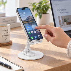 Suport de Birou pentru Telefon si Tableta, Rotativ 360°, Pliabil, Metal, 17 x 19 cm, Alb