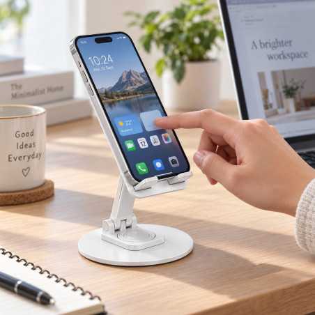 Suport de Birou pentru Telefon si Tableta, Rotativ 360°, Pliabil, Metal, 17 x 19 cm, Alb