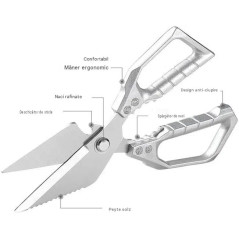 Foarfecă de Bucătărie Multifuncțională din Inox, pentru Carne, Pui și Pește, cu Spargător de Nuci și Desfăcător de Capace