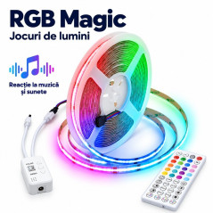 Kit banda LED COB RGB Magic 10m, 576 LED/m, 14W/m, 24V, controler muzical si telecomanda
