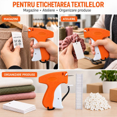 Pistol de Etichetat Textile, Portabil, cu Ac si 800 Agrafe din Plastic de 8 mm, pentru Fixarea Etichetelor, Portocaliu