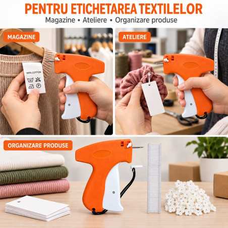 Pistol de Etichetat Textile, Portabil, cu Ac si 800 Agrafe din Plastic de 8 mm, pentru Fixarea Etichetelor, Portocaliu
