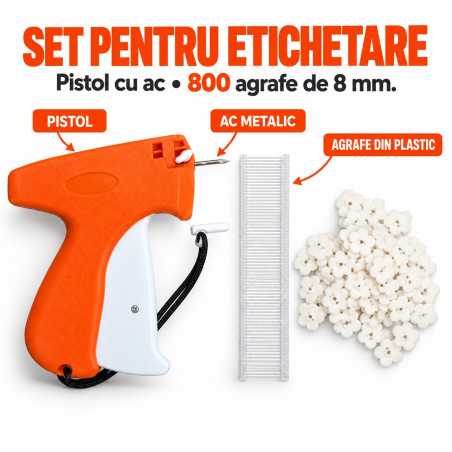 Pistol de Etichetat Textile, Portabil, cu Ac si 800 Agrafe din Plastic de 8 mm, pentru Fixarea Etichetelor, Portocaliu