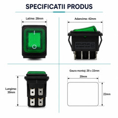 Intrerupator IRS KCD4 16A 250V cu Membrana Cauciuc si LED Verde