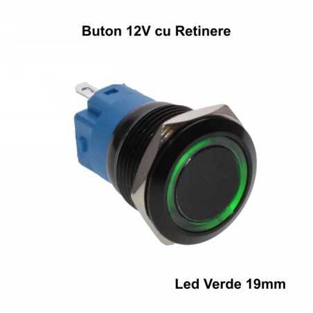 Push Buton Negru 19mm/Retinere cu Led Verde