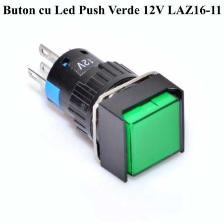 Push Buton Patrat Verde 12V - 16mm