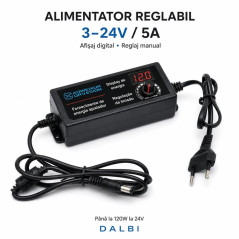 Alimentator Reglabil 3-24V DC 5A cu Afisaj Digital, Mufa 5,5x2,1mm