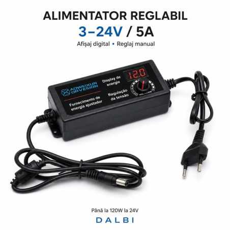 Alimentator Reglabil 3-24V DC 5A cu Afisaj Digital, Mufa 5,5x2,1mm