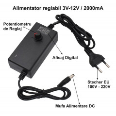 Alimentator Reglabil 3-12V DC 2A cu Afisaj Digital, Mufa 2,1mm