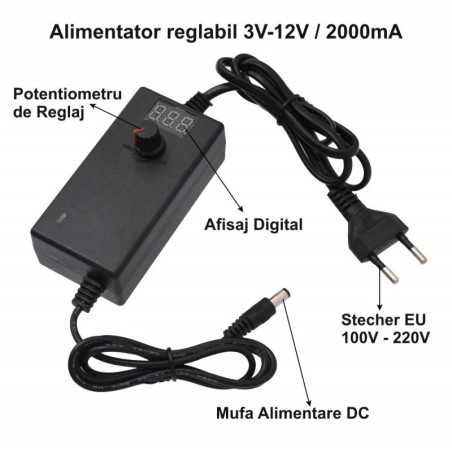 Alimentator Reglabil 3-12V DC 2A cu Afisaj Digital, Mufa 2,1mm
