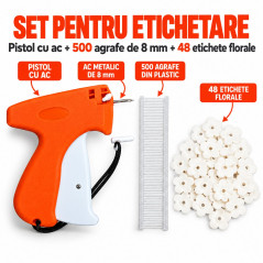 Pistol de Etichetat Textile, Portabil, cu Ac si 500 Agrafe din Plastic de 8 mm, pentru Fixarea Etichetelor, Portocaliu